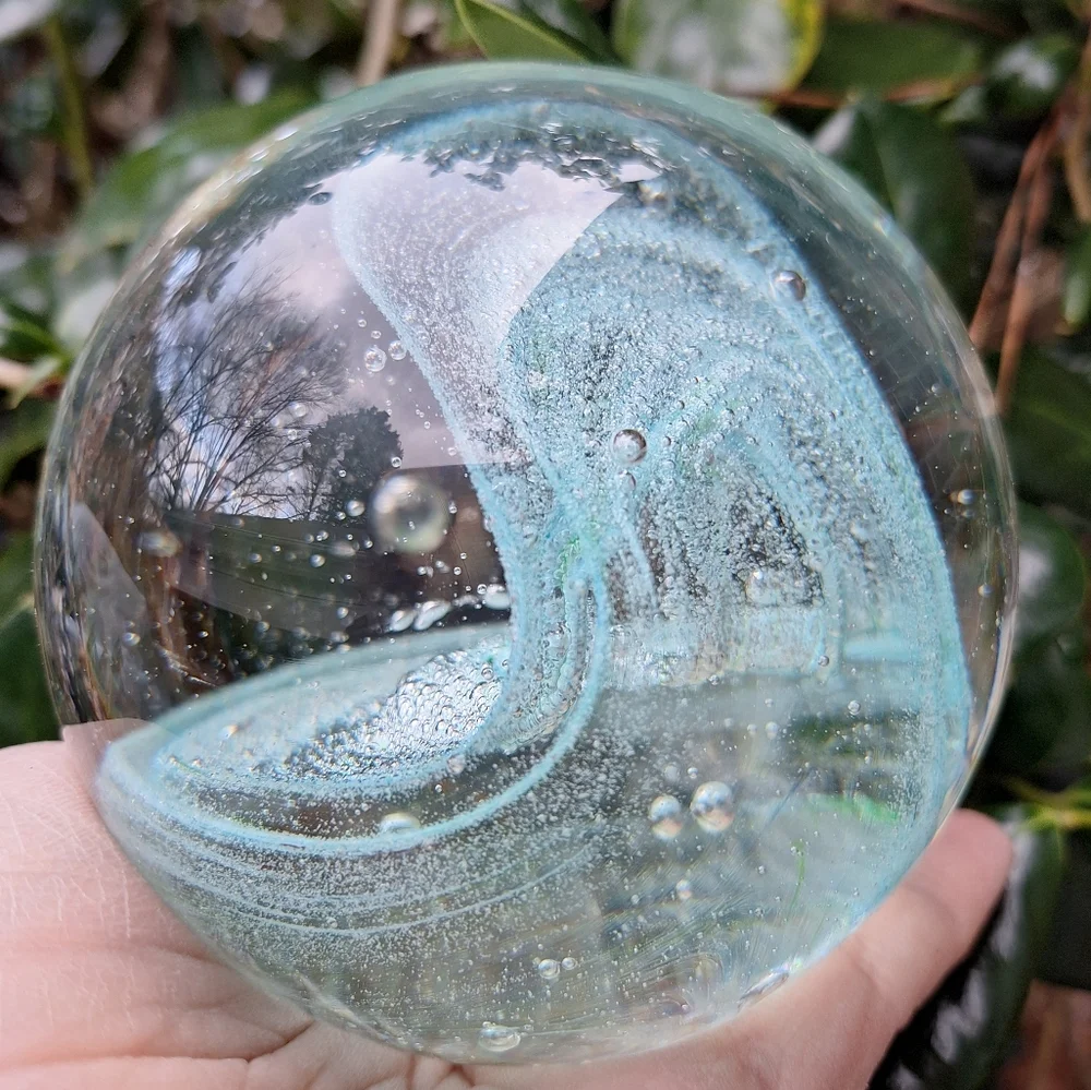 Bubble Glass Paper Weight Hand Made Blown Magic Teal Aqua Green Tinted Pearl - Picture 7 of 16